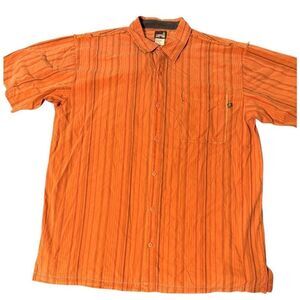 Weekendz off short sleeve button-up stripe orange shirt with raw edge XL